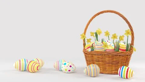 3d render of easter basket with colorful easter eggs Stock Illustration