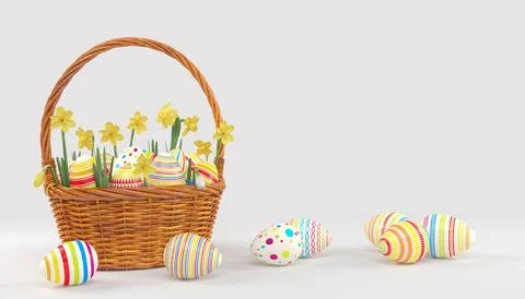 3d render of easter basket with colorful easter eggs Stock Illustration