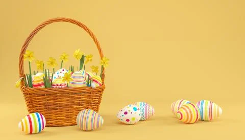 3d render of easter basket with colorful easter eggs Stock Illustration