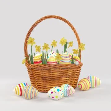 3d render of easter basket with colorful easter eggs Stock Illustration