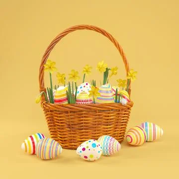 3d render of easter basket with colorful easter eggs Stock Illustration