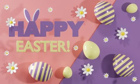 3D render. Easter greeting card. Happy Easter. Painted Easter eggs and bunny Stock Illustration