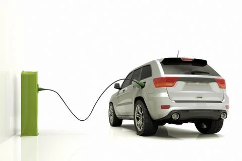 3D render of an electrict car plugged to a power station 스톡 일러스트