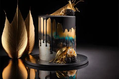 3D render of an elegant luxurious black golden cake design Stock Photos