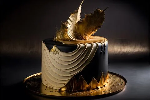 3D render of an elegant luxurious black golden cake design Stock Photos