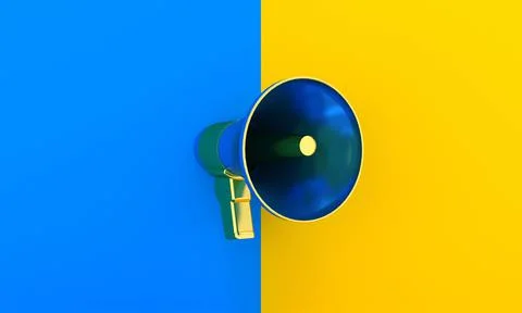 A 3D render of an elegant megaphone or loudspeaker on blue and yellow backgro Stock Illustration
