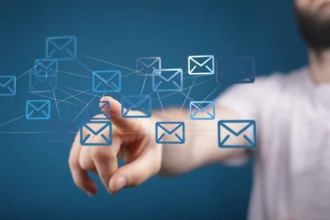 3D render of an email symbol and Network Communications with a blurry background Stock Illustration