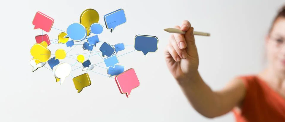 3D render of an email symbol and Network Communications with male hands on a blu Stock Illustration