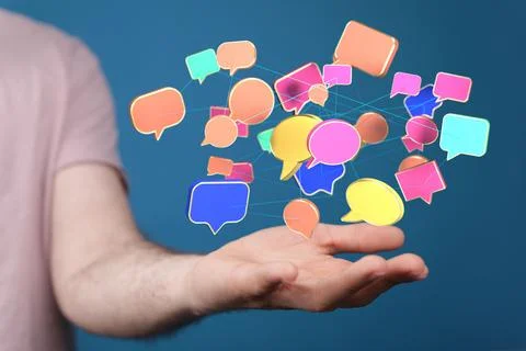 3D render of an email symbol and Network Communications with male hands on a blu Stock Illustration