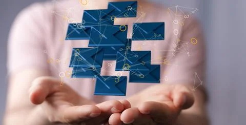 A 3D render of an email symbol and Network Communications with a blurry backg Foto stock