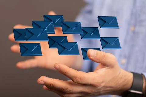 A 3D render of an email symbol and Network Communications with a blurry backg 写真素材