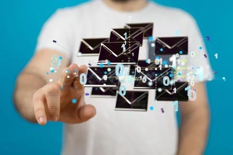 A 3D render of an email symbol and Network Communications with a blurry backg Foto stock