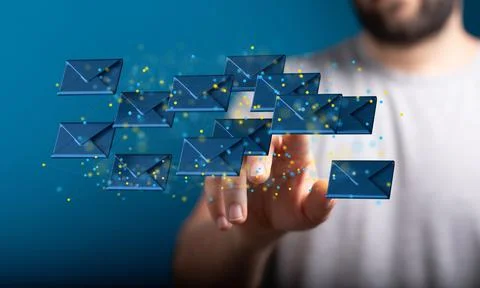 A 3D render of an email symbol and Network Communications with a blurry backg Foto stock