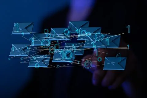 A 3D render of an email symbol and Network Communications with a blurry backg 스톡 사진