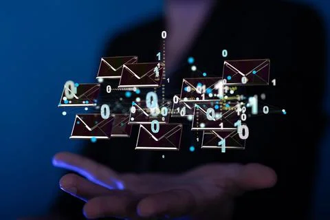 A 3D render of an email symbol and Network Communications with a blurry backg Stock Photos