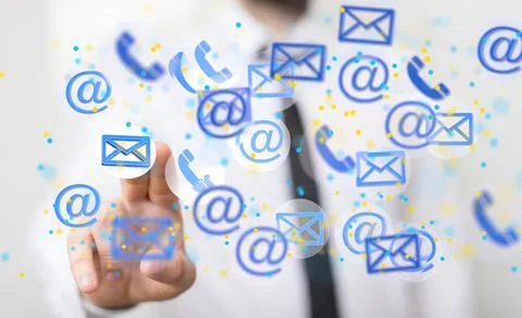 A 3D render of an email symbol and Network Communications with a blurry backg Stock Photos