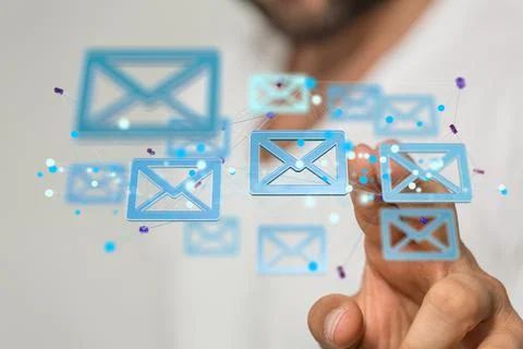 A 3D render of an email symbol and Network Communications with a blurry backg Foto stock