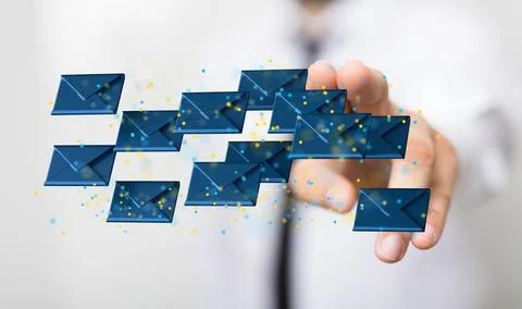 A 3D render of an email symbol and Network Communications with a blurry backg Foto stock
