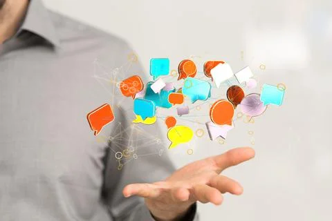 A 3D render of an email symbol and Network Communications with a blurry backg Foto stock