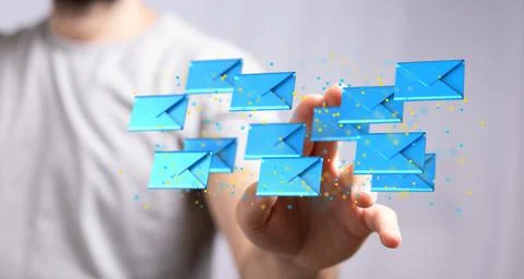 A 3D render of an email symbol and Network Communications with a blurry backg Foto stock