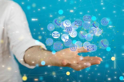 A 3D render of an email symbol and Network Communications with a blurry backg Foto stock