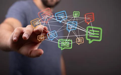 A 3D render of an email symbol and Network Communications with a blurry backg 写真素材