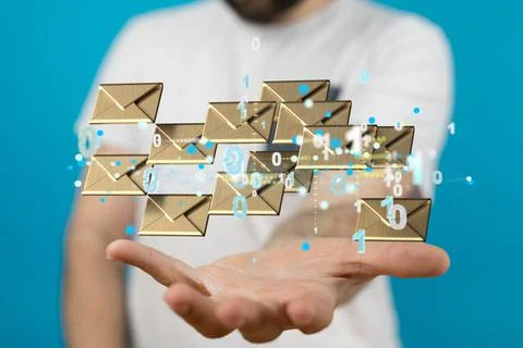 A 3D render of an email symbol and Network Communications with a blurry backg Foto stock