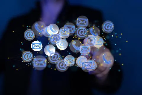 A 3D render of an email symbol and Network Communications with a blurry backg 写真素材