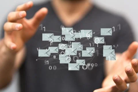 A 3D render of an email symbol and Network Communications with a blurry backg 写真素材