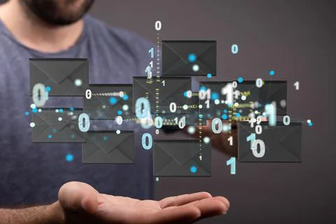 A 3D render of an email symbol and Network Communications with a blurry backg Foto stock