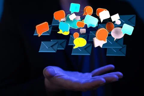A 3D render of an email symbol and Network Communications with a blurry backg 写真素材