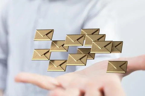 A 3D render of an email symbol and Network Communications with a blurry backg 写真素材