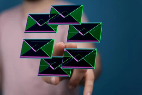 A 3D render of an email symbol and Network Communications with a blurry backg Foto stock