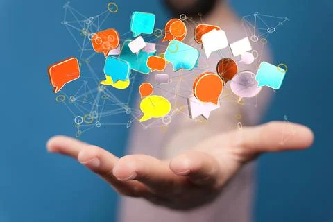 A 3D render of an email symbol and Network Communications with a blurry backg Foto stock