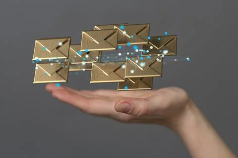 A 3D render of an email symbol and Network Communications with a blurry backg Foto stock
