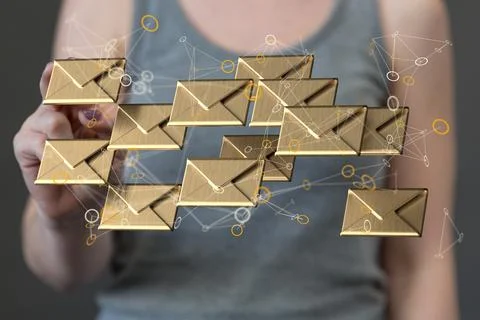 A 3D render of an email symbol and Network Communications with a blurry backg Foto stock