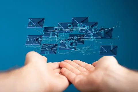 A 3D render of an email symbol and Network Communications with a blurry backg Foto stock