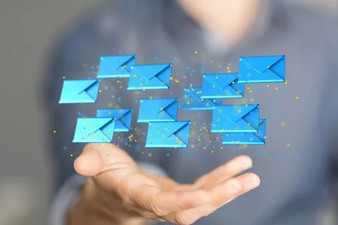A 3D render of an email symbol and Network Communications with a blurry backg 스톡 사진