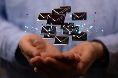 A 3D render of an email symbol and Network Communications with a blurry backg Foto stock