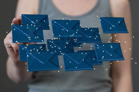 A 3D render of an email symbol and Network Communications with a blurry backg Foto stock
