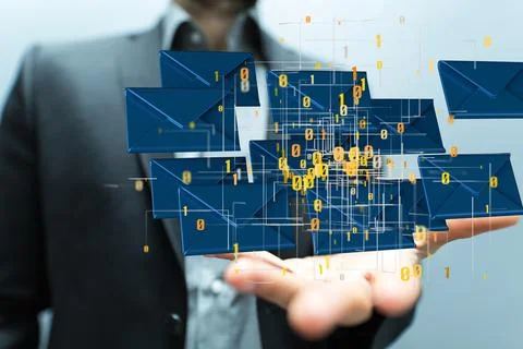 A 3D render of an email symbol and Network Communications with a blurry backg Foto stock
