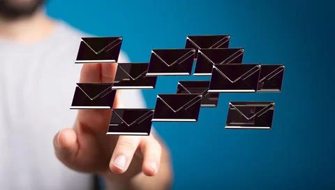 A 3D render of an email symbol and Network Communications with a blurry backg Foto stock