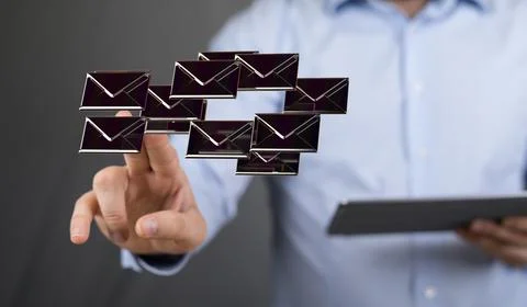 A 3D render of an email symbol and Network Communications with a blurry backg 写真素材
