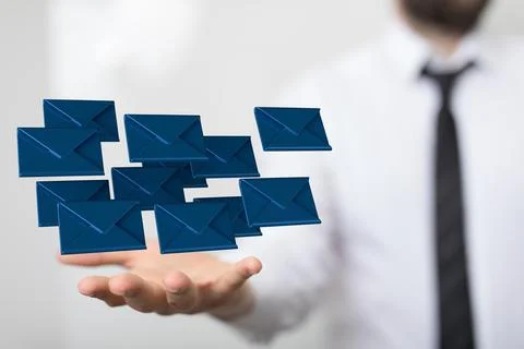 A 3D render of an email symbol and Network Communications with a blurry backg 写真素材