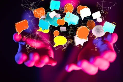 A 3D render of an email symbol and Network Communications with a blurry backg 写真素材