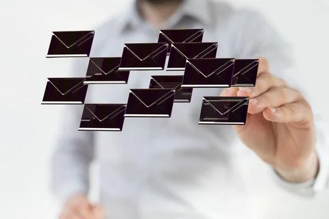 A 3D render of an email symbol and Network Communications with a blurry backg Foto stock