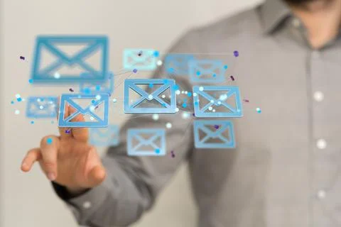 3D render of an email symbol and Network Communications with a blurry background 写真素材
