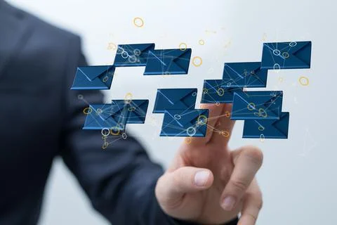 3D render of an email symbol and Network Communications with a blurry background 写真素材
