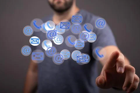 3D render of an email symbol and Network Communications with male hands on a blu Stock Photos