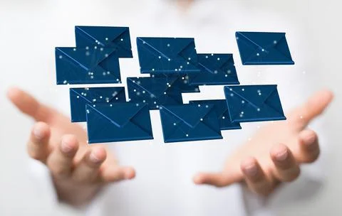 3D render of an email symbol and Network Communications with male hands on a blu Foto stock